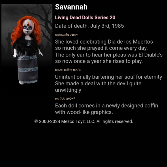 Savannah- Day of the Dead Living Dead Doll! Rare collectible w box & death cert - Picture 7 of 7
